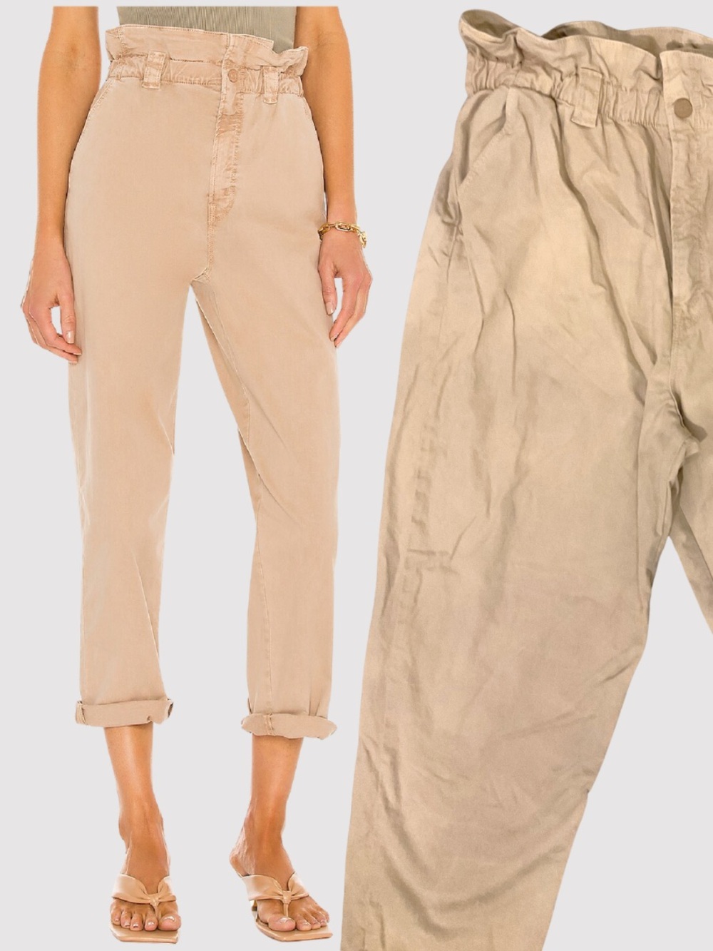 MOTHER Paperbag Pants The Yoyo Ruffle Greaser Ankle Sesame Tan 34